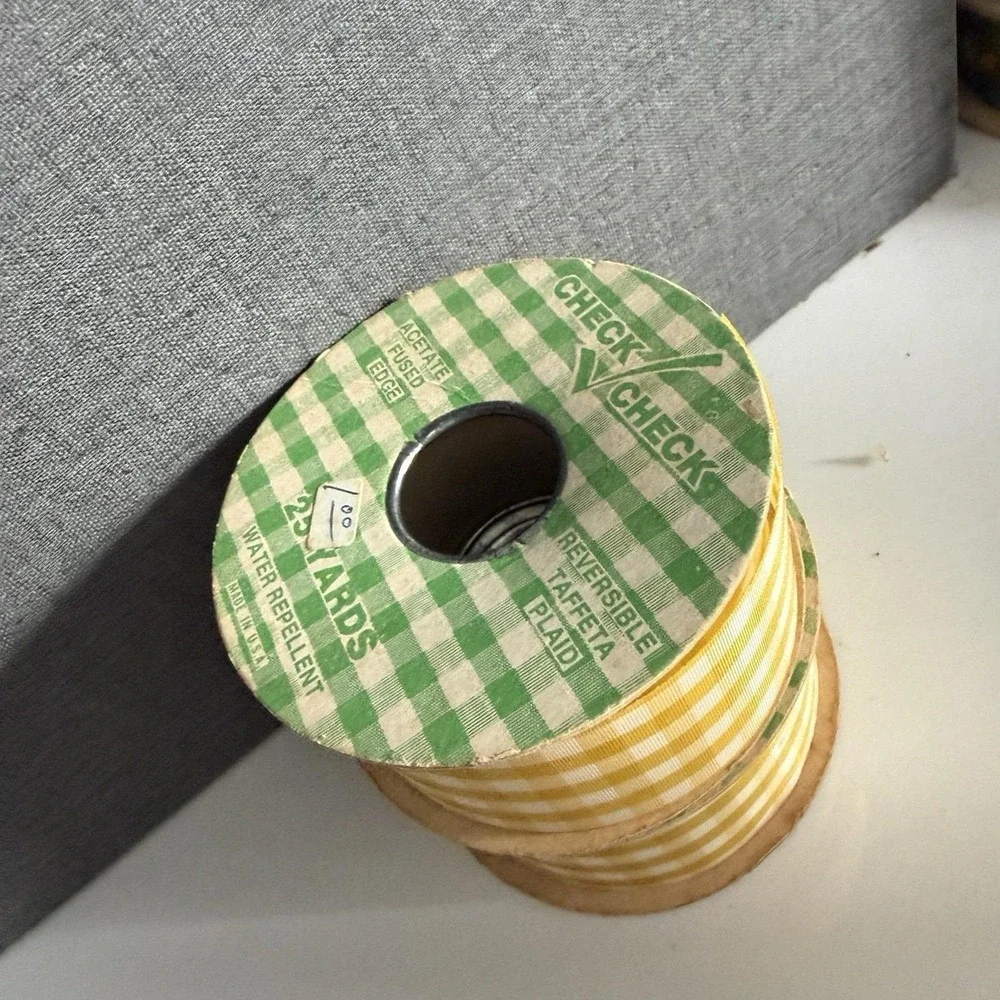 Vintage Lot of 9 Rolls Fabric Ribbons Red Yellow Brown Blue Pattern Check Plaid